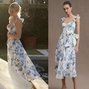 NWT V Chapman Vera Ruffle Strap Corset Side Slit Midi Dress in Provencal 10